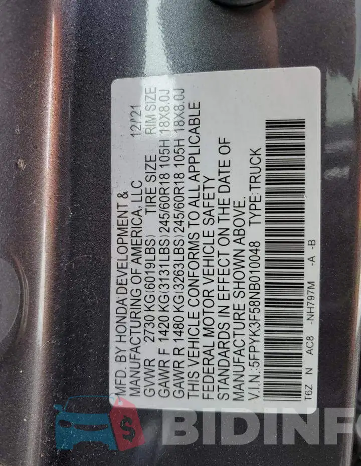 5FPYK3F58NB010048 Photo# 12