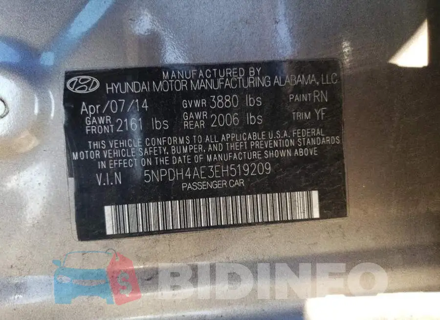 5NPDH4AE3EH519209 Photo# 12