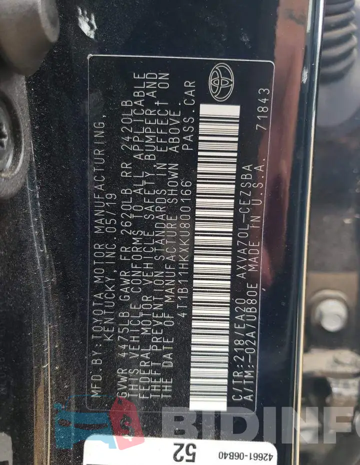 4T1B11HKXKU800166 Photo# 12