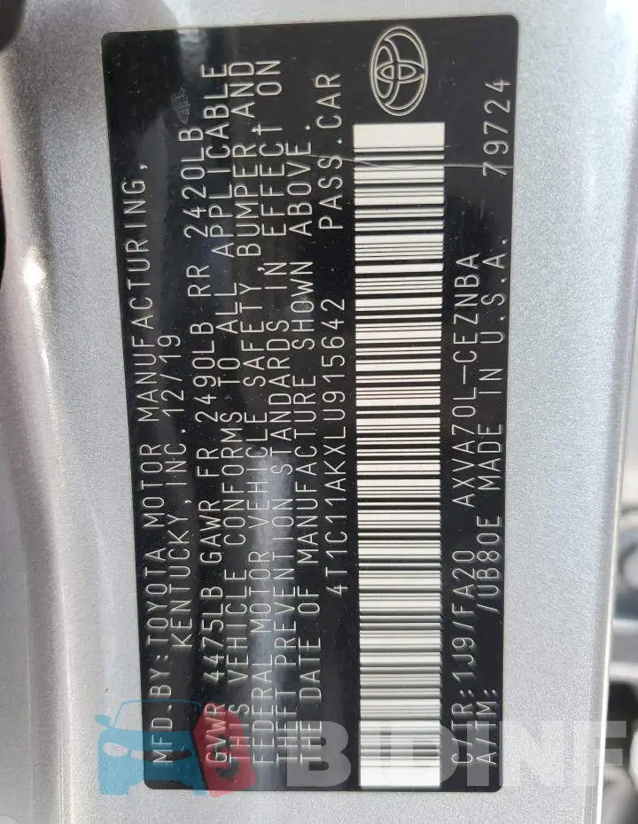 4T1C11AKXLU915642 Photo# 12