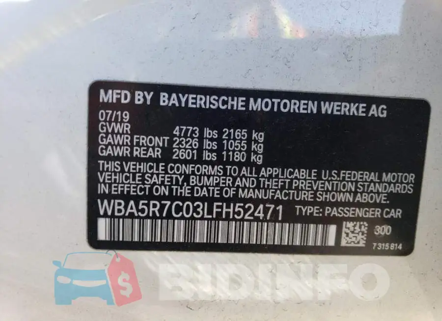 WBA5R7C03LFH52471 Photo# 12