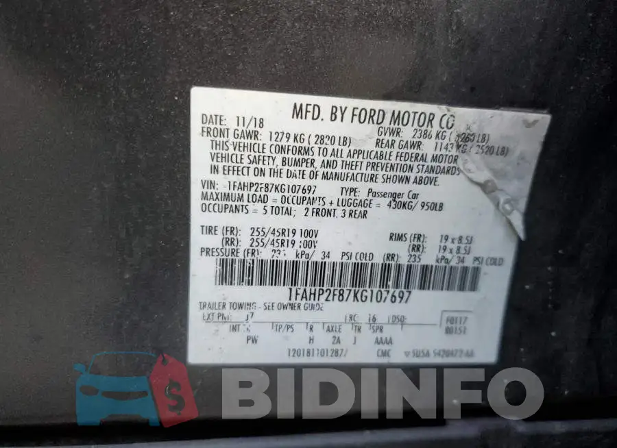 1FAHP2F87KG107697 Photo# 12