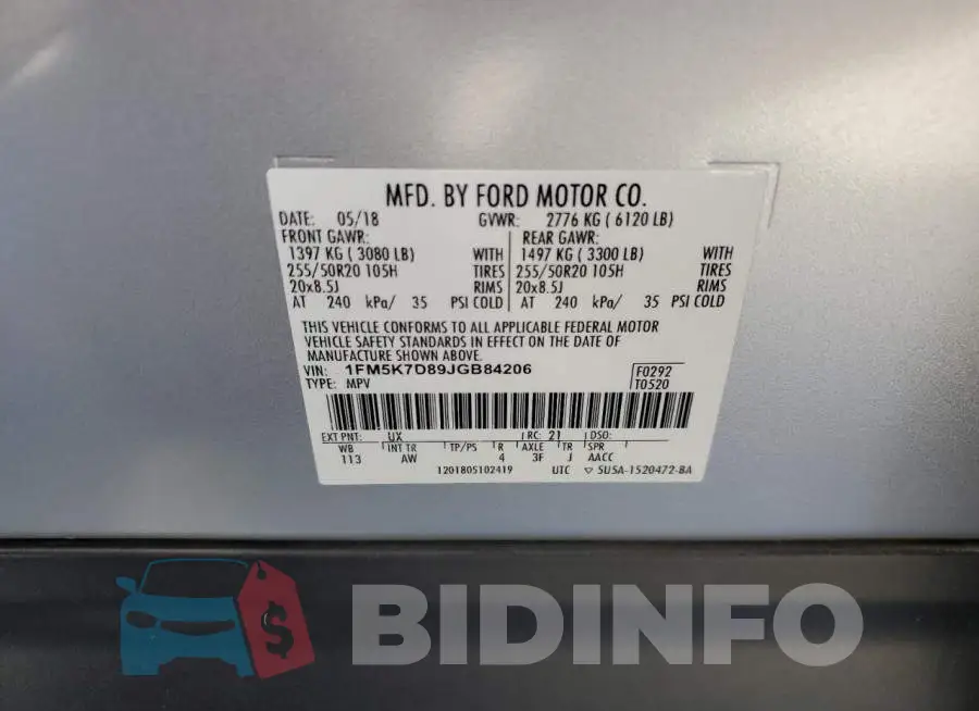 1FM5K7D89JGB84206 Photo# 12