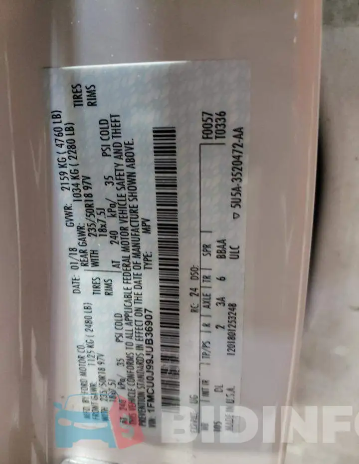 1FMCU0J99JUB36907 Photo# 13