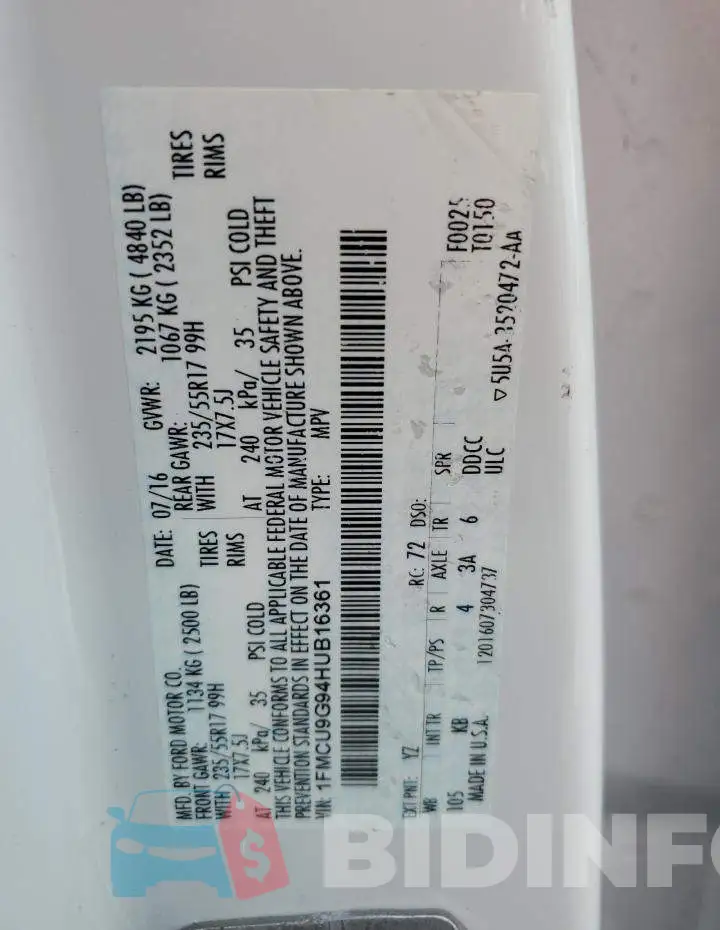 1FMCU9G94HUB16361 Photo# 13