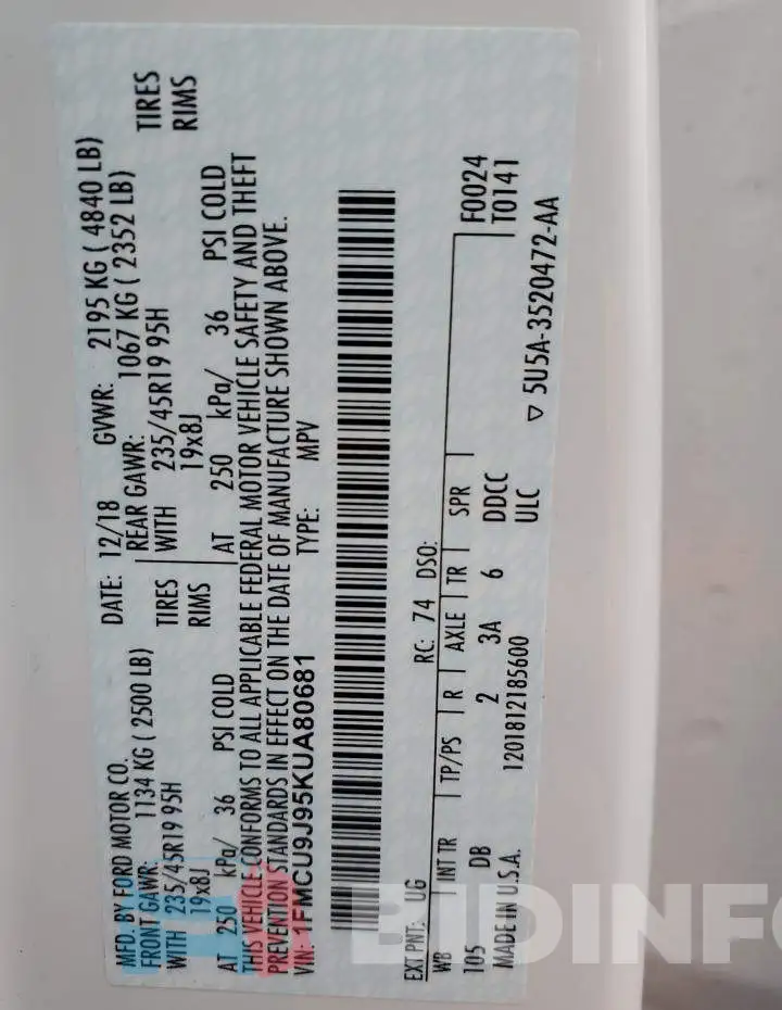 1FMCU9J95KUA80681 Photo# 13