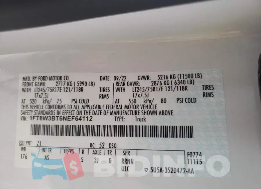 1FT8W3BT6NEF64112 Photo# 12