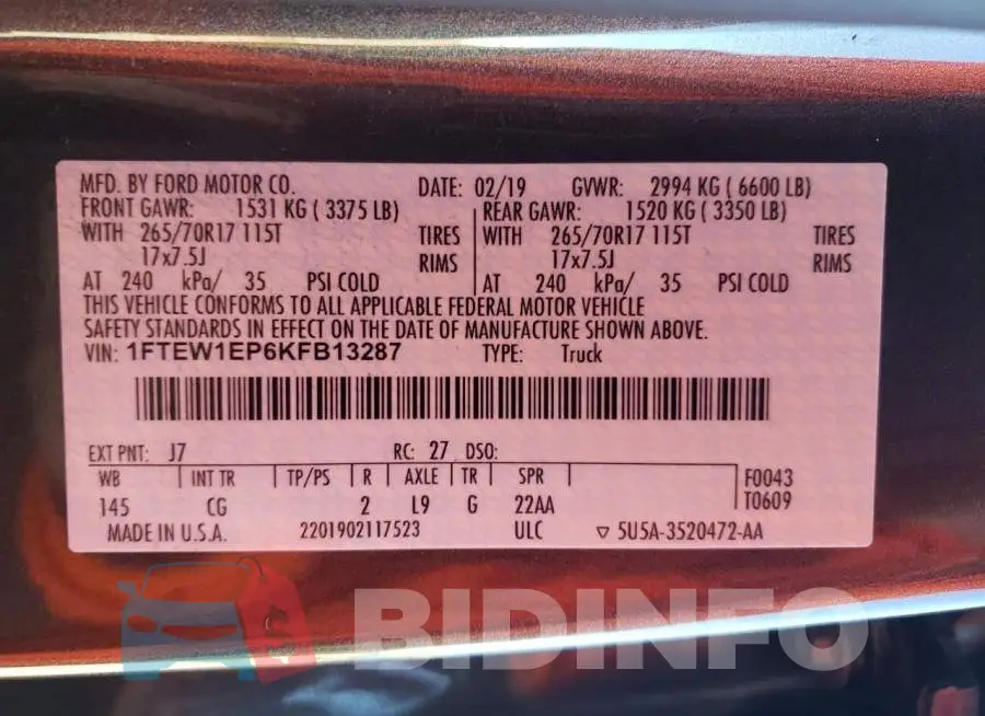 1FTEW1EP6KFB13287 Photo# 12