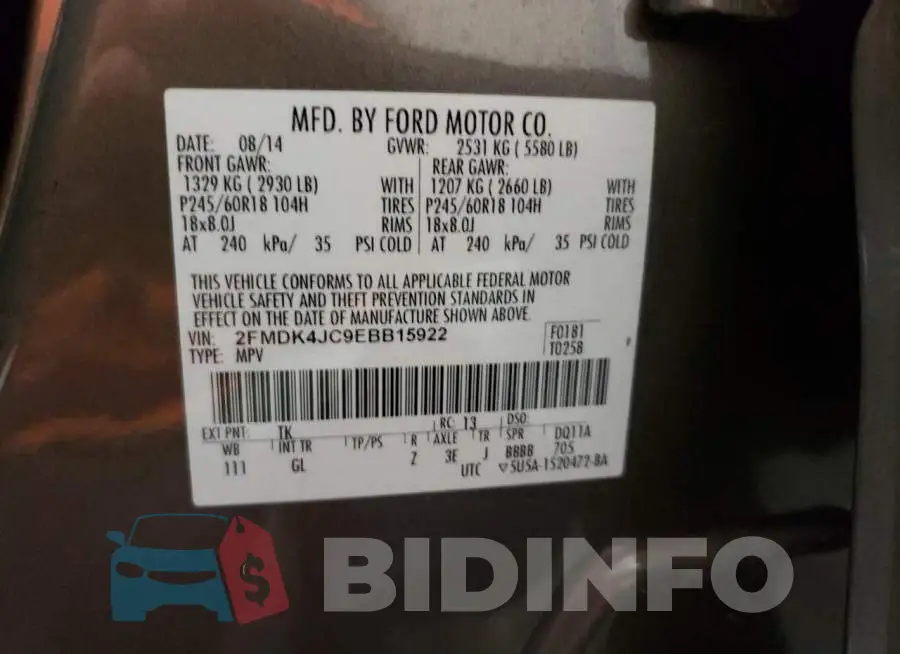 2FMDK4JC9EBB15922 Photo# 13