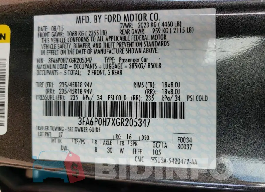 3FA6P0H7XGR205347 Photo# 12