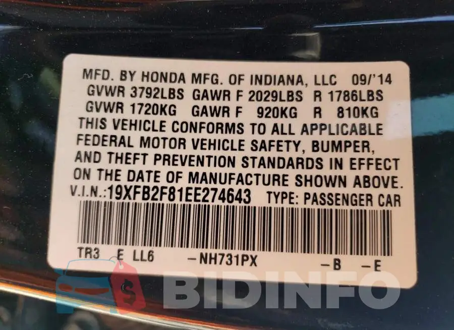 19XFB2F81EE274643 Photo# 13