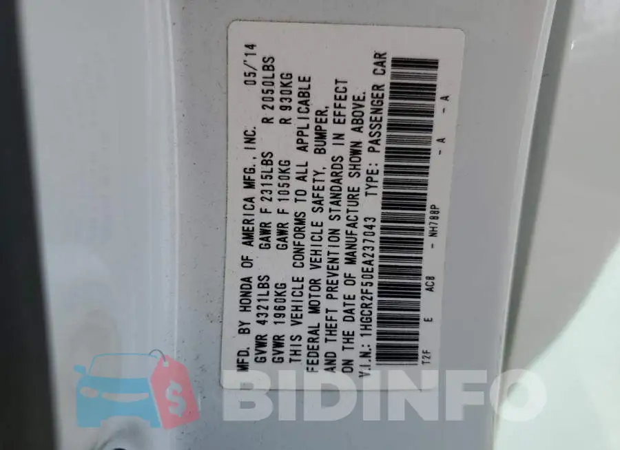 1HGCR2F50EA237043 Photo# 13