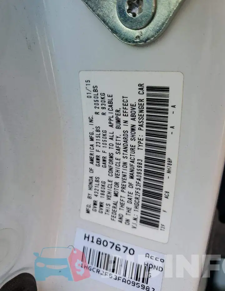 1HGCR2F53FA095983 Photo# 12