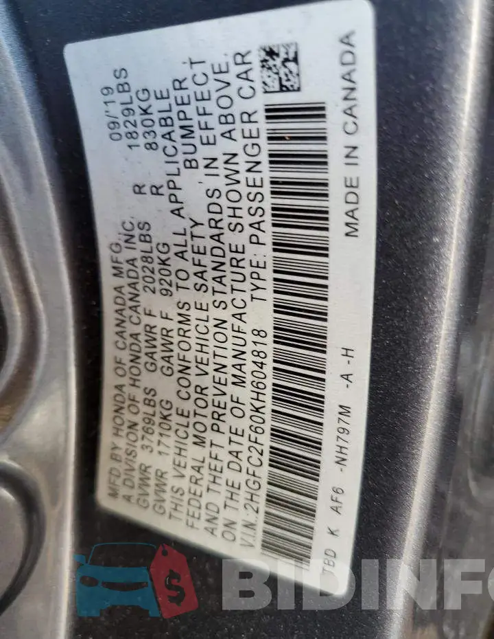 2HGFC2F60KH604818 Photo# 13