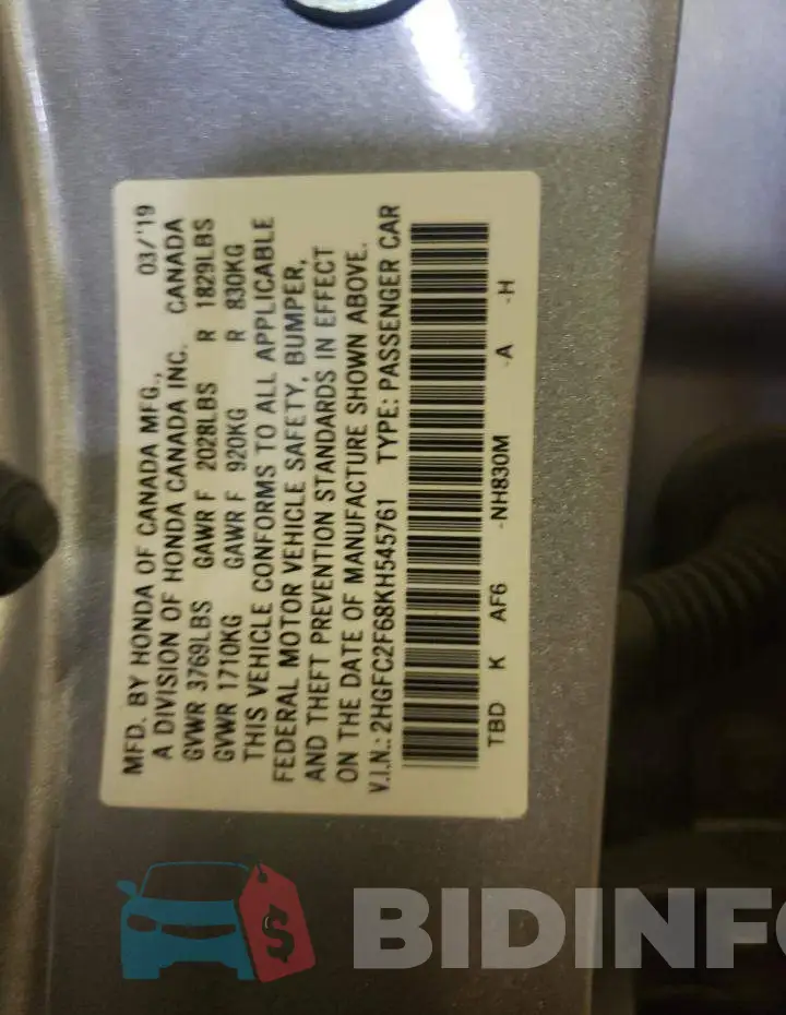 2HGFC2F68KH545761 Photo# 12