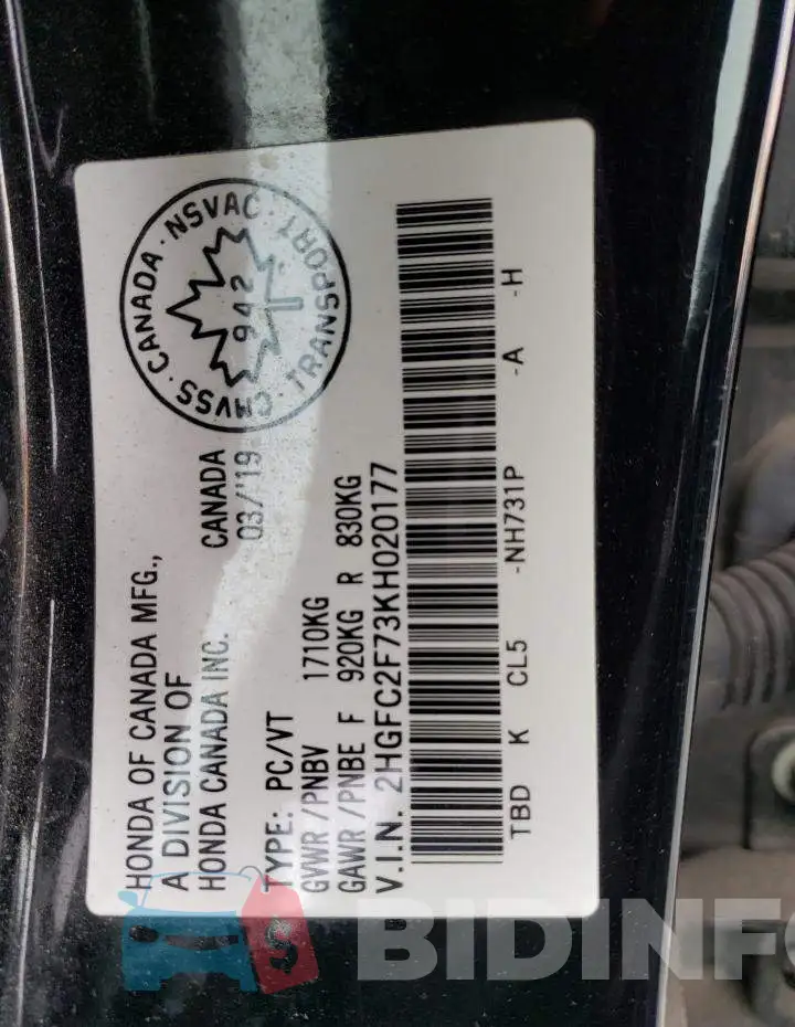 2HGFC2F73KH020177 Photo# 12