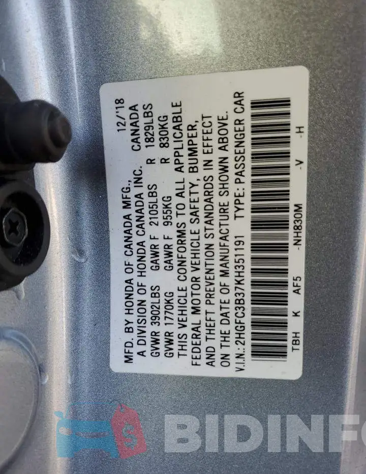 2HGFC3B37KH351191 Photo# 12