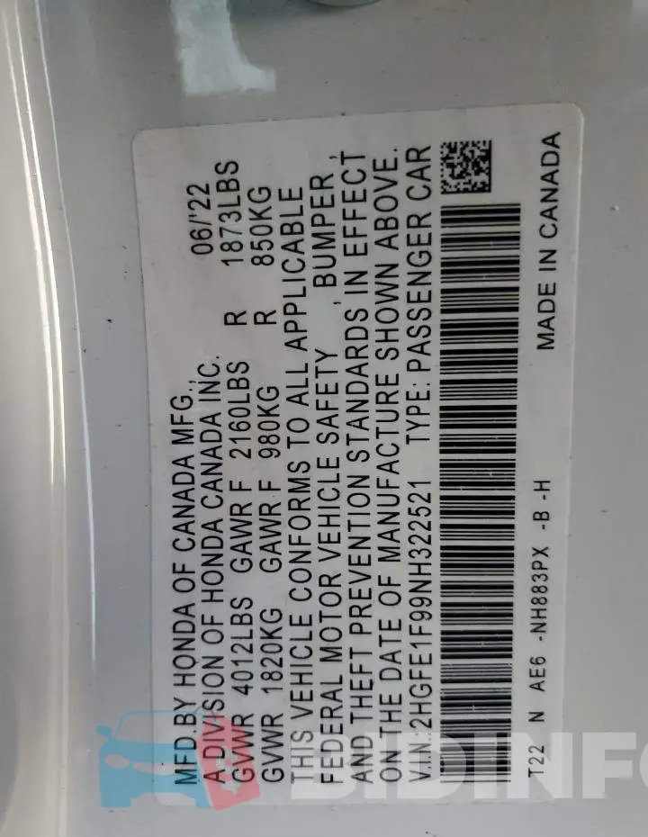 2HGFE1F99NH322521 Photo# 13