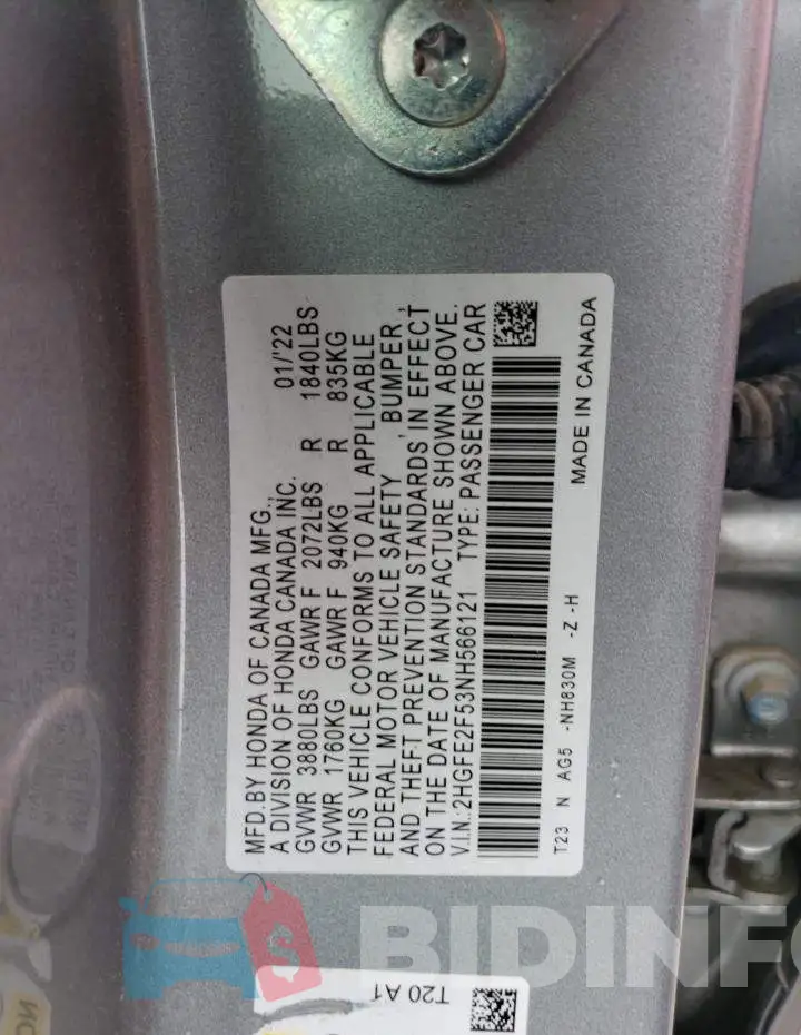 2HGFE2F53NH566121 Photo# 13