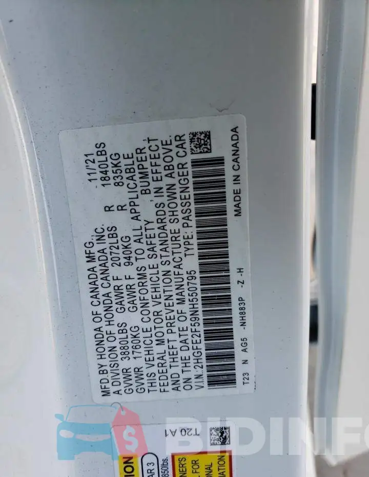 2HGFE2F59NH550795 Photo# 12
