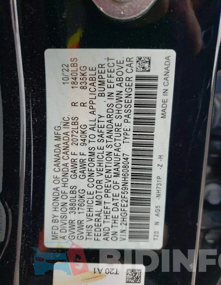 2HGFE2F59NH608047 Photo# 12