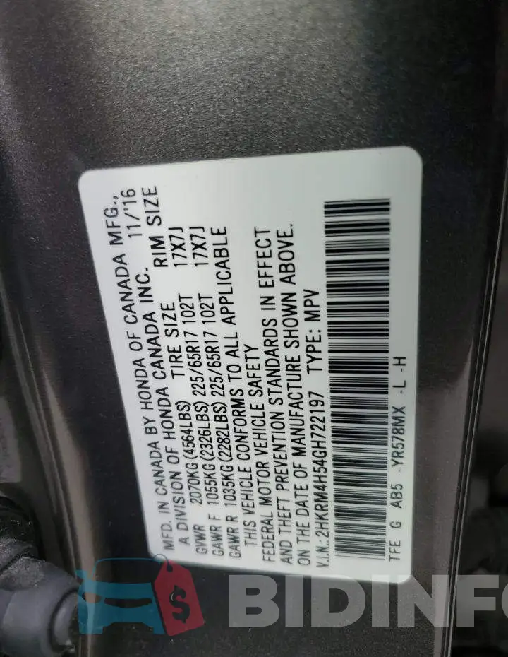 2HKRM4H54GH722197 Photo# 12