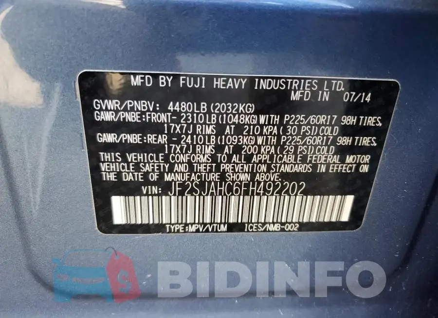 JF2SJAHC6FH492202 Photo# 13