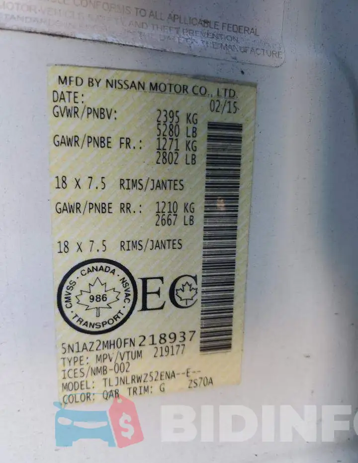 5N1AZ2MH0FN218937 Photo# 14