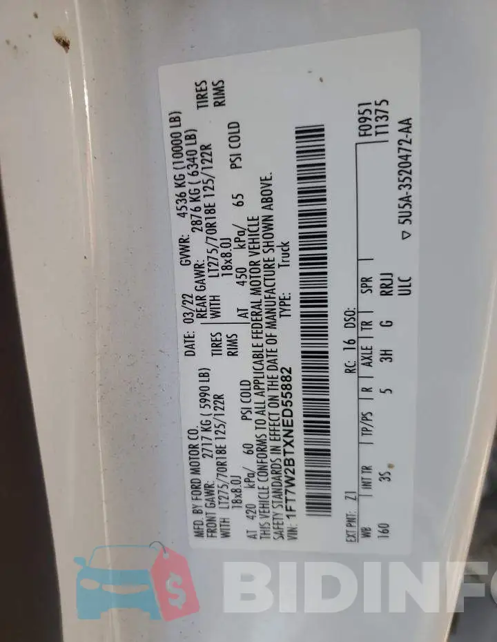 1FT7W2BTXNED55882 Photo# 12