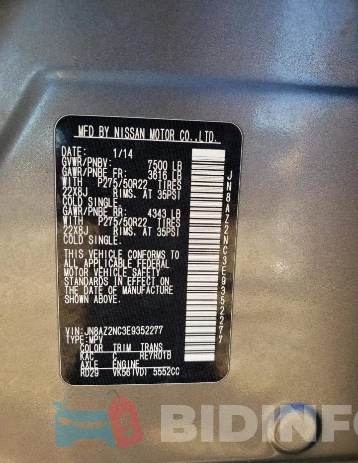 JN8AZ2NC3E9352277 Photo# 13