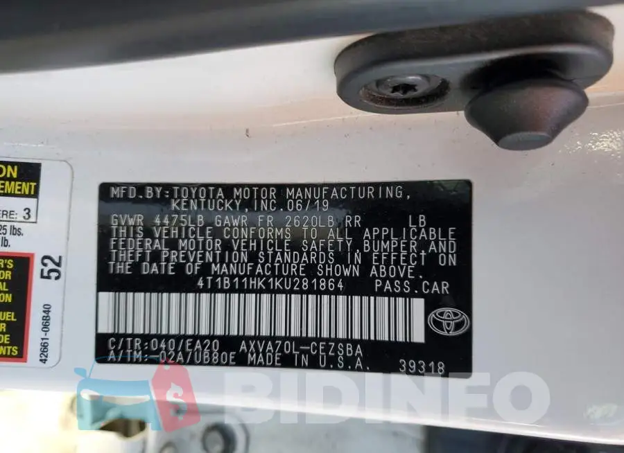 4T1B11HK1KU281864 Photo# 12