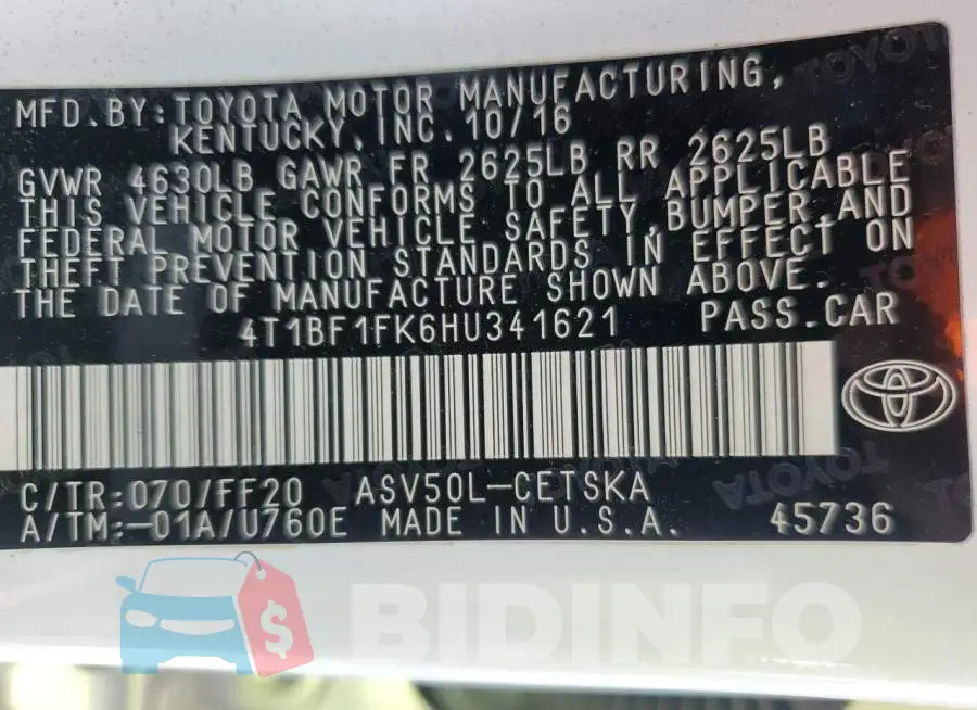 4T1BF1FK6HU341621 Photo# 13