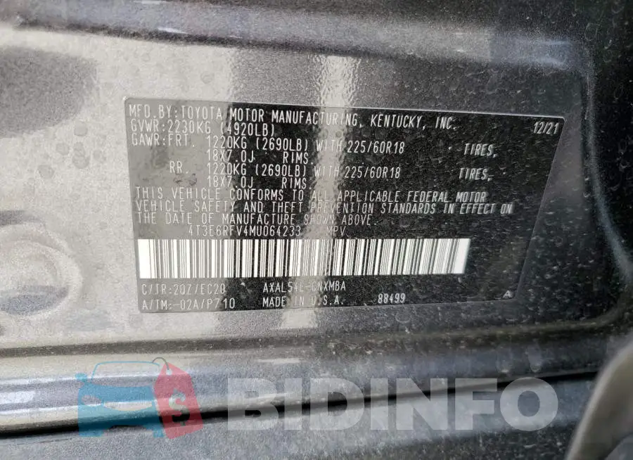 4T3E6RFV4MU064233 Photo# 13