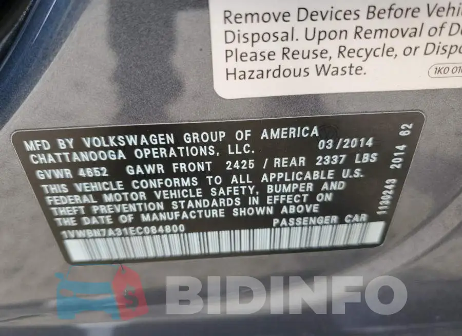 1VWBN7A31EC084800 Photo# 13