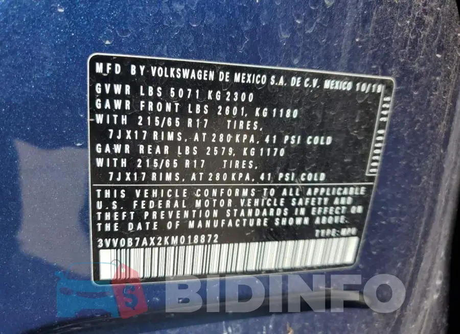 3VV0B7AX2KM018872 Photo# 13