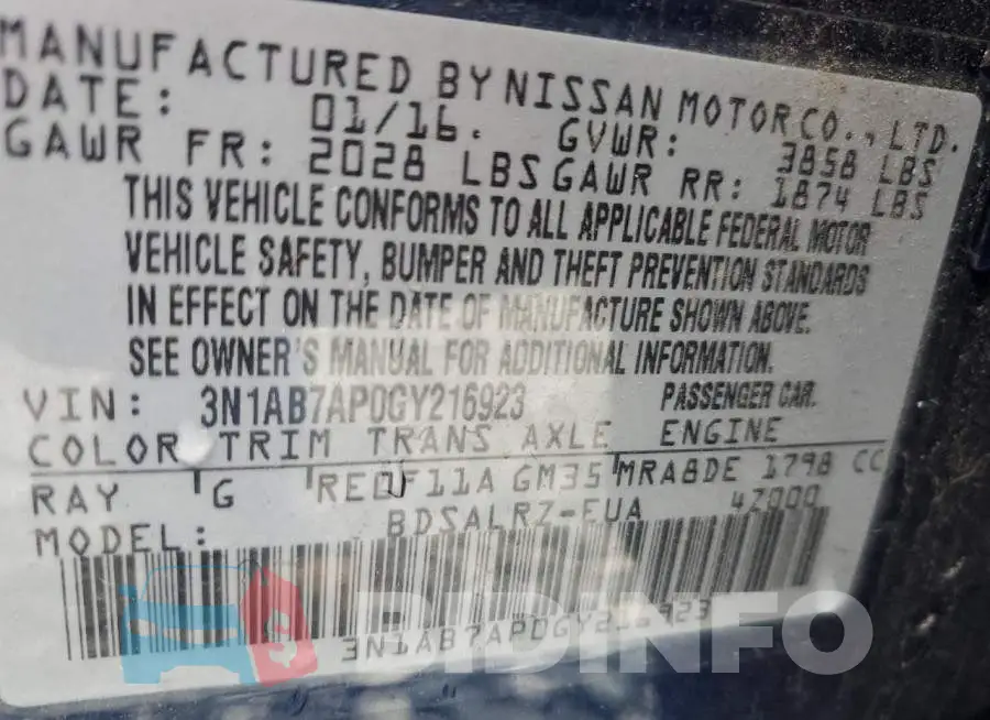 3N1AB7AP0GY216923 Photo# 12