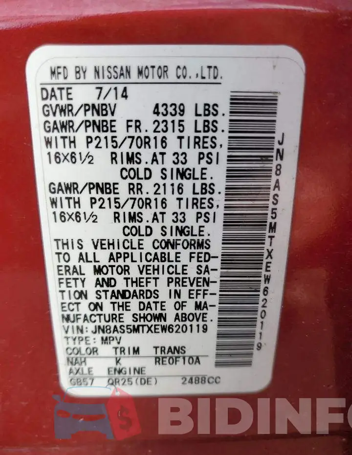 JN8AS5MTXEW620119 Photo# 14