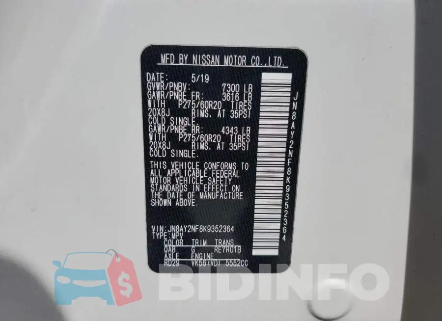 JN8AY2NF8K9352364 Photo# 13