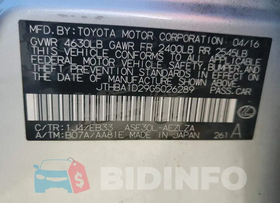 JTHBA1D29G5026289 Photo# 12