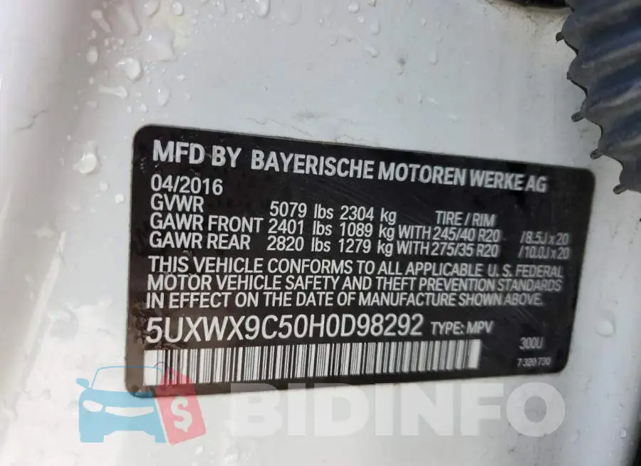 5UXWX9C50H0D98292 Photo# 14