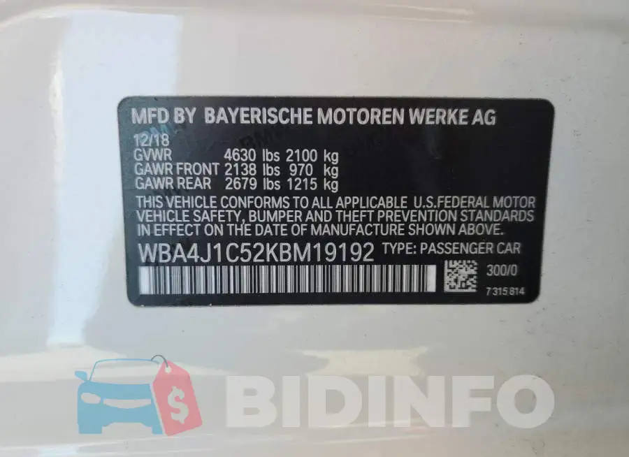 WBA4J1C52KBM19192 Photo# 12