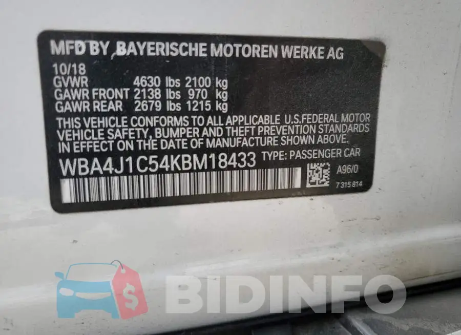 WBA4J1C54KBM18433 Photo# 12