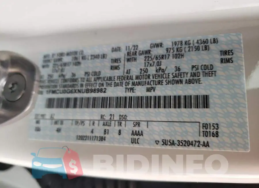 1FMCU0G6XNUB98982 Photo# 12
