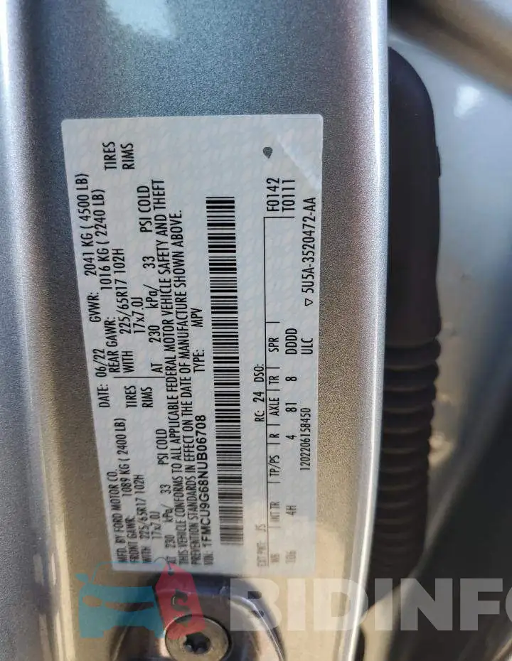 1FMCU9G68NUB06708 Photo# 12