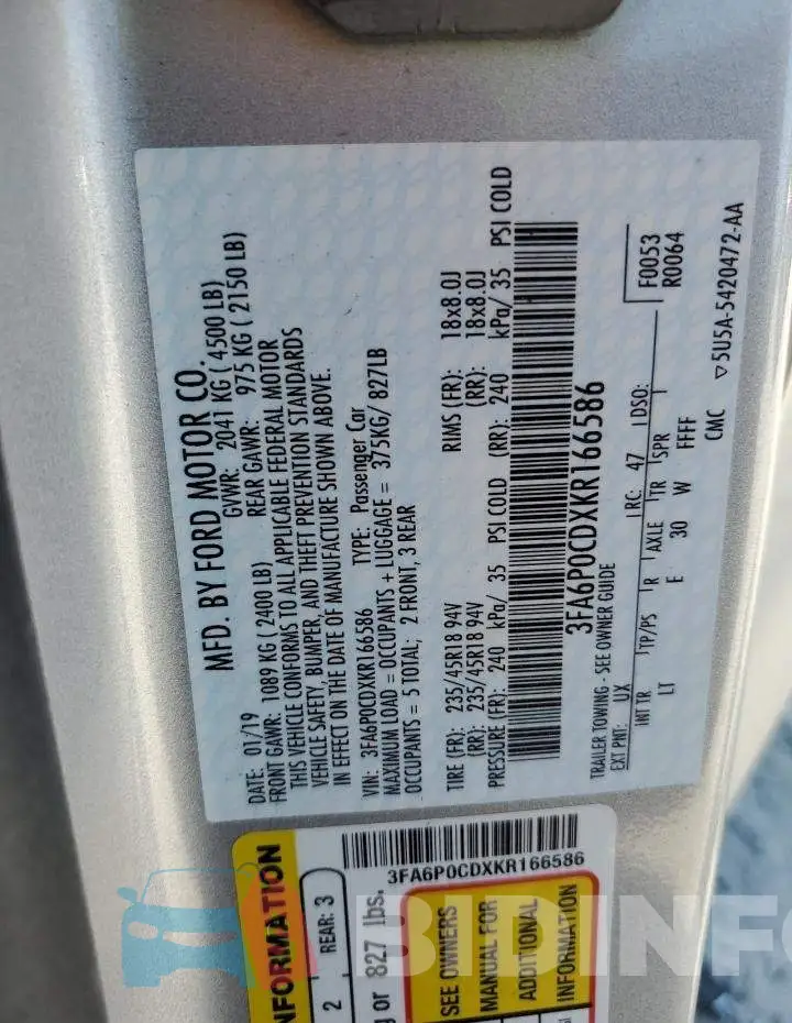 3FA6P0CDXKR166586 Photo# 13