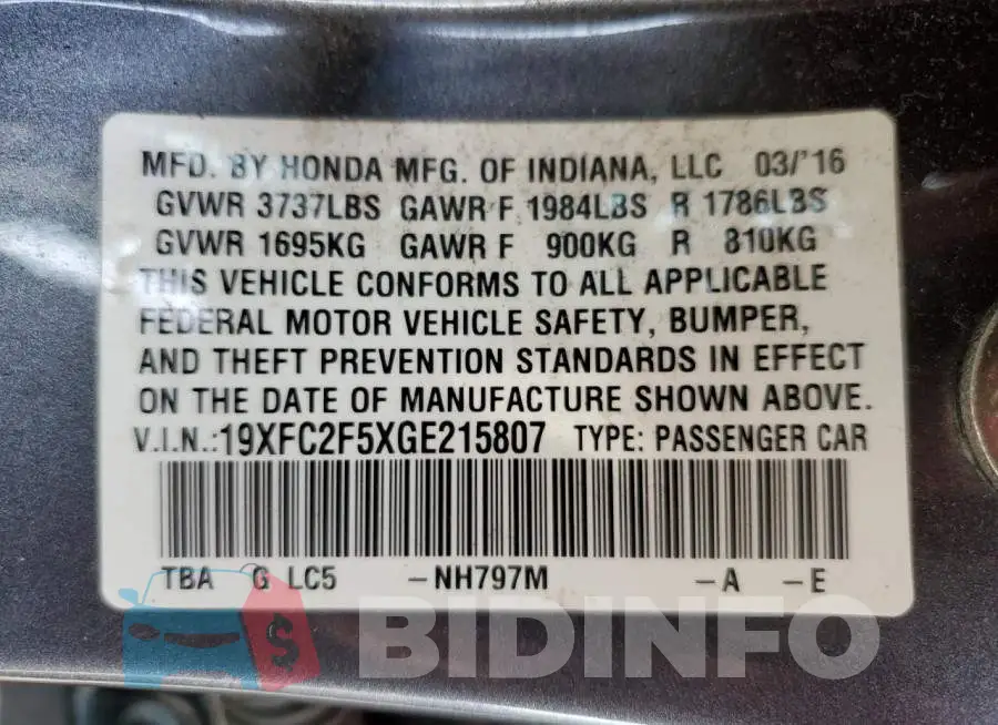 19XFC2F5XGE215807 Photo# 12