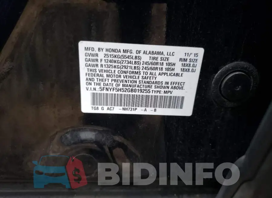 5FNYF5H52GB019255 Photo# 13