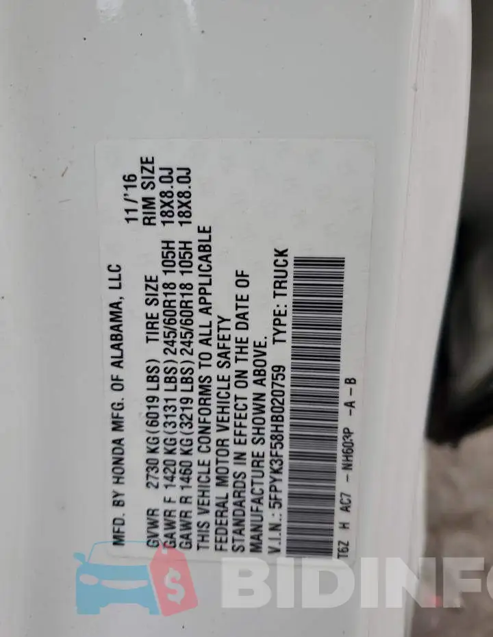 5FPYK3F58HB020759 Photo# 12