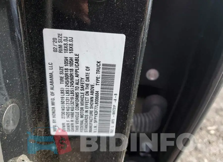 5FPYK3F77LB006684 Photo# 12