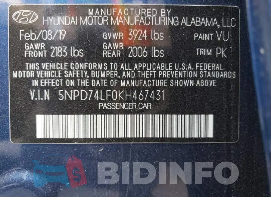 5NPD74LF0KH467431 Photo# 13